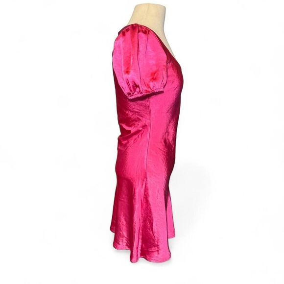 Lush Fuschia Satin Puff Sleeve Mini Dress Y2K Style Barbie Pink Size Medium - Picture 4 of 8